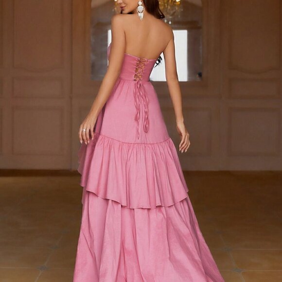 Pink Elegant Women's Tube Top Layered High Waist Woven Prom Dress - Picture 3 of 7